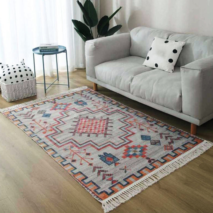 Lisslune | Gray and blue southwestern carpet linen tribal and geometric pattern carpet washable fringe back for the living room