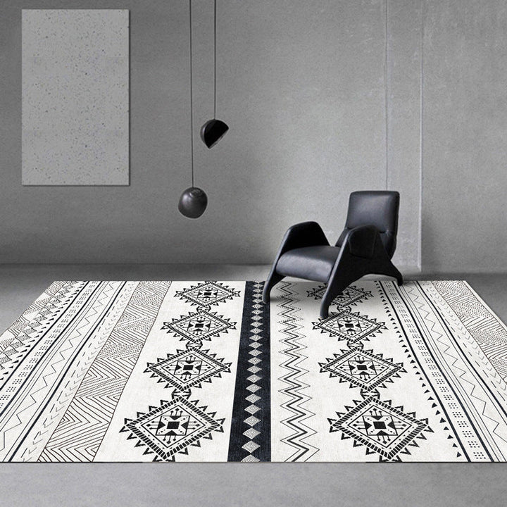 Lisslune | Vintage Southwestern Geometric Pattern Carpet White Tribal Carpet Polyester Washable Non-Slip Back Carpet for Living Room
