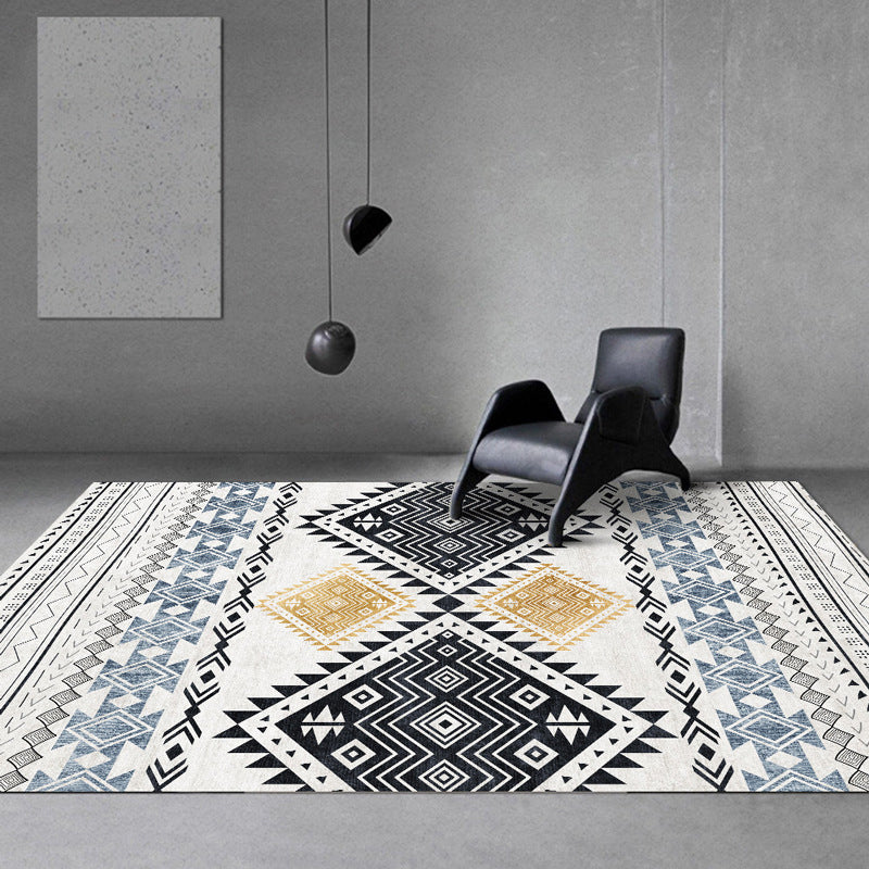Lisslune | Vintage Southwestern Geometric Pattern Carpet White Tribal Carpet Polyester Washable Non-Slip Back Carpet for Living Room