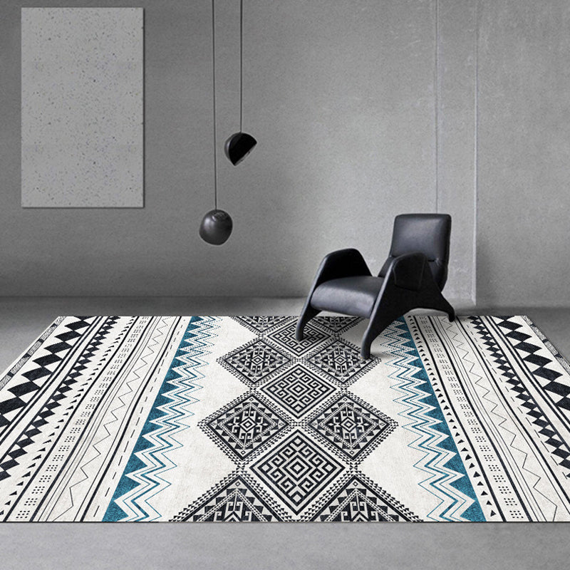 Lisslune | Vintage Southwestern Geometric Pattern Carpet White Tribal Carpet Polyester Washable Non-Slip Back Carpet for Living Room