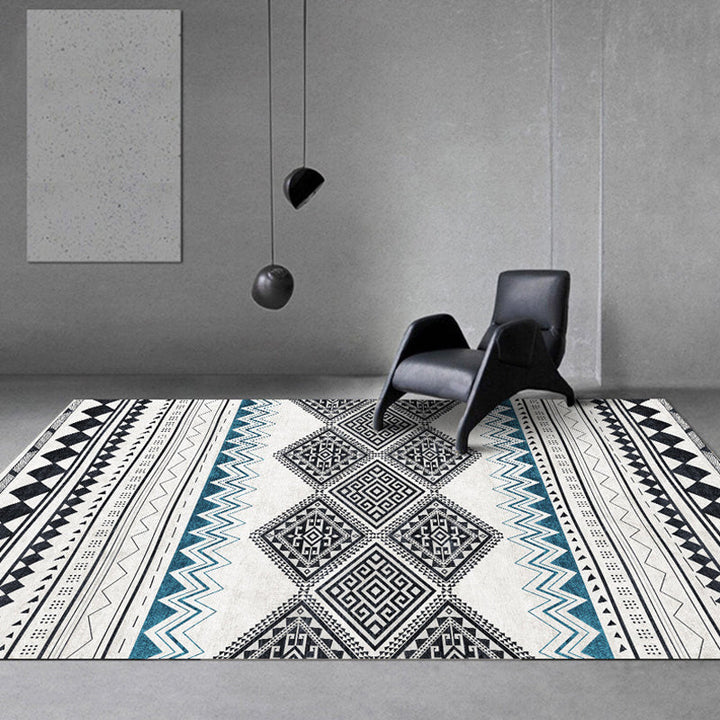 Lisslune | Vintage Southwestern Geometric Pattern Carpet White Tribal Carpet Polyester Washable Non-Slip Back Carpet for Living Room