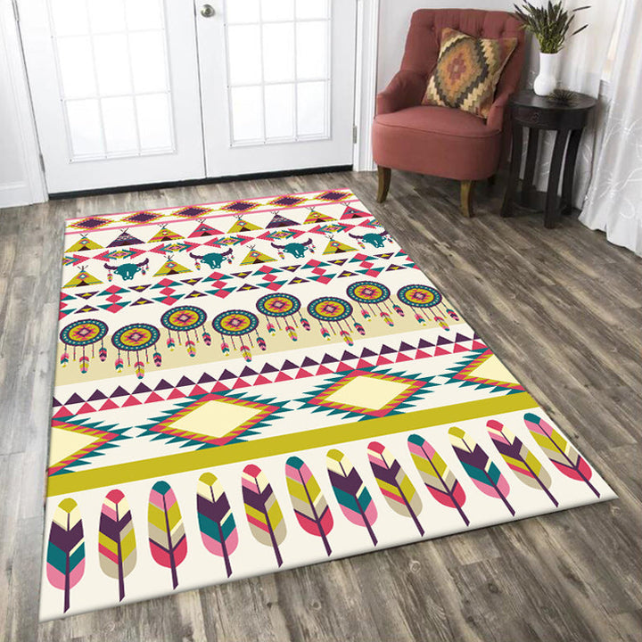 Lisslune | Tribal Cow Pattern Rug with Feather Yellow Polyester Rug Machine Washable Non-Slip Back Area Rug for Bedroom