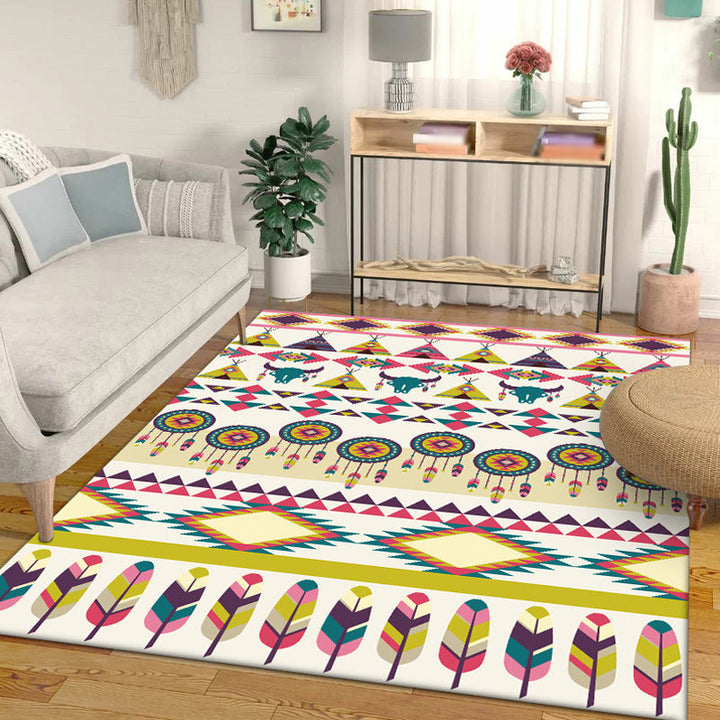 Lisslune | Tribal Cow Pattern Rug with Feather Yellow Polyester Rug Machine Washable Non-Slip Back Area Rug for Bedroom