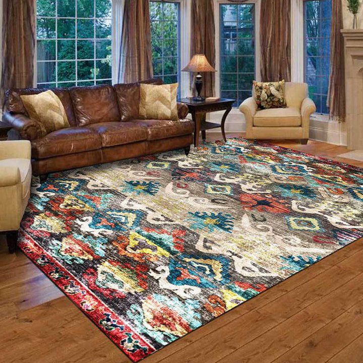 Lisslune | Retro Tribal Pattern Rug Multicolor Polyester Rug Machine Washable Non-Slip Backing Rug for Living Room