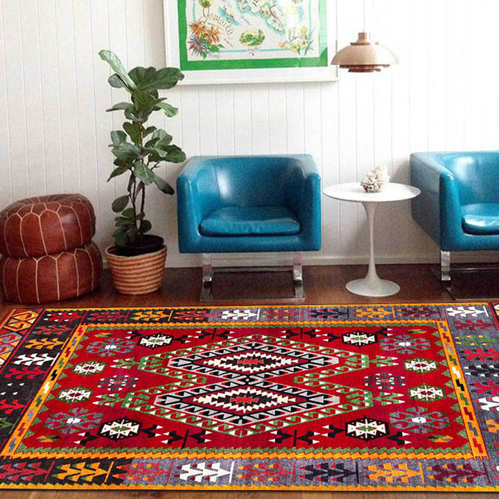 Lisslune | Southwest Tribal Pattern Rug Red Polyester Rug machine washable non-slip backing Rug for living room