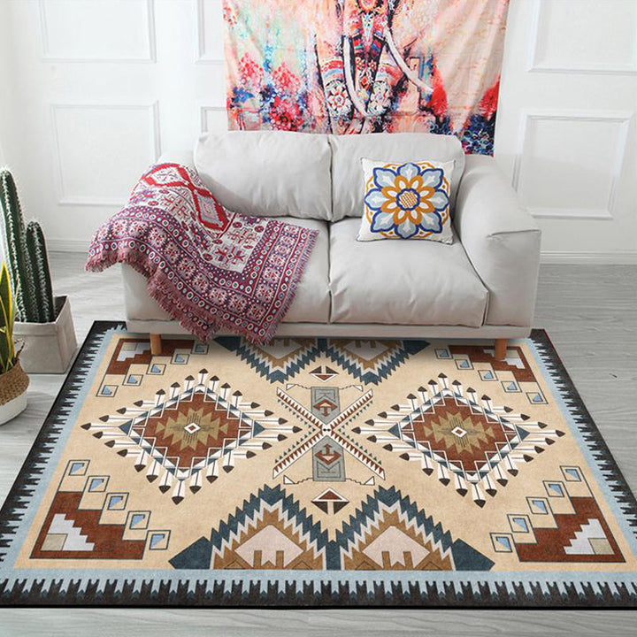Lisslune | Beige Vintage Carpet Polyester Tribal Pattern Carpet Washable Non-Slip Background Carpet for Living Room