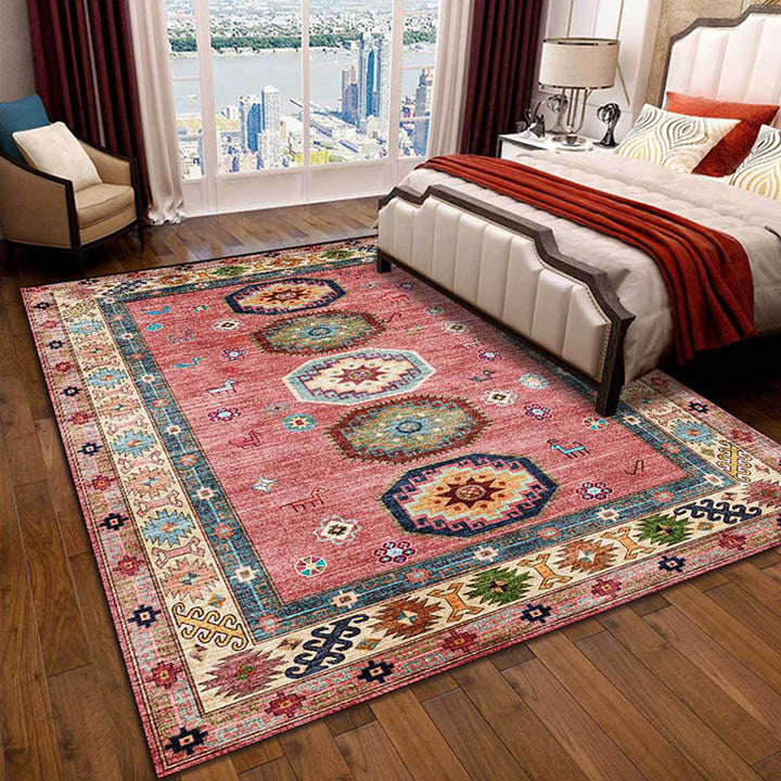 Lisslune | American Tribal Pattern Rug Pink Polyester Rug Machine Washable Non-Slip Back Area Rug for Bedroom