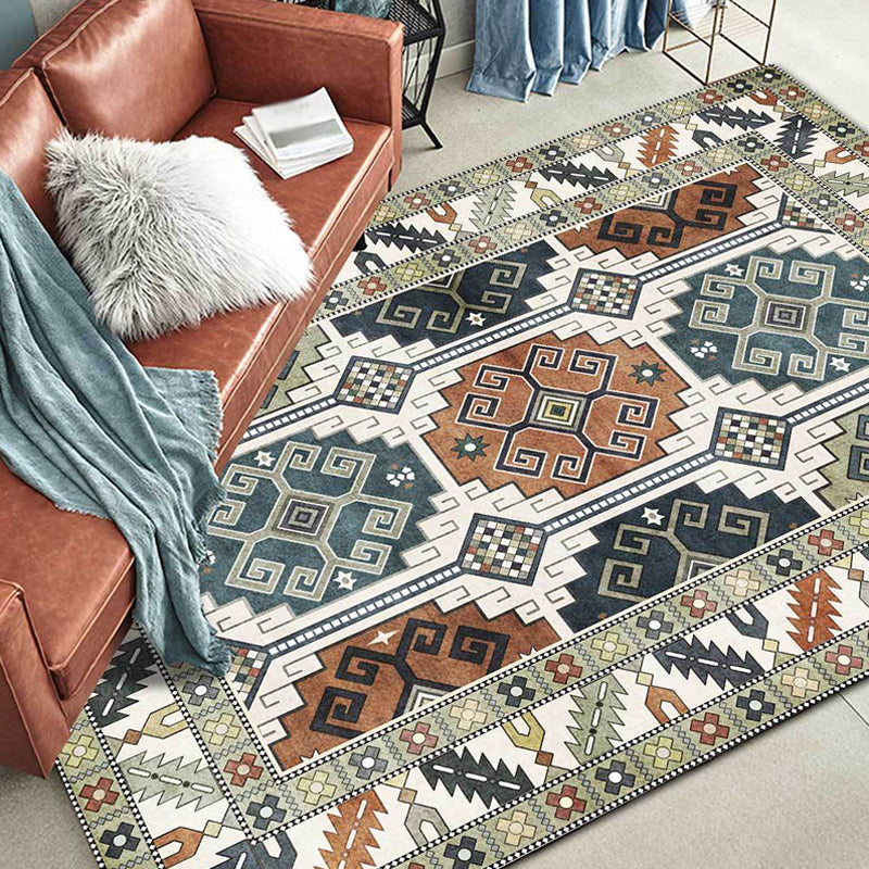 Lisslune | Southwest Tribal Pattern Rug Green Polyester Rug Machine Washable Non-Slip Back Rug for Living Room