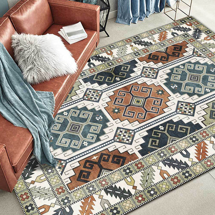 Lisslune | Southwest Tribal Pattern Rug Green Polyester Rug Machine Washable Non-Slip Back Rug for Living Room