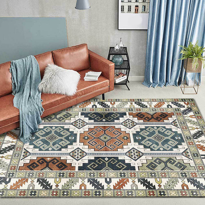 Lisslune | Southwest Tribal Pattern Rug Green Polyester Rug Machine Washable Non-Slip Back Rug for Living Room