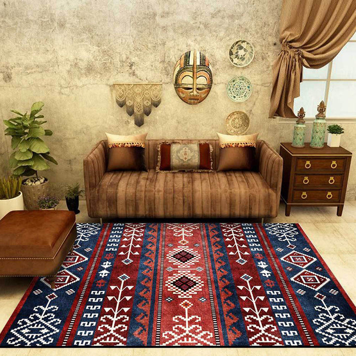 Lisslune | Marine and red southwest rug polyester tribal pattern rug washable non-slip backing rug for living room