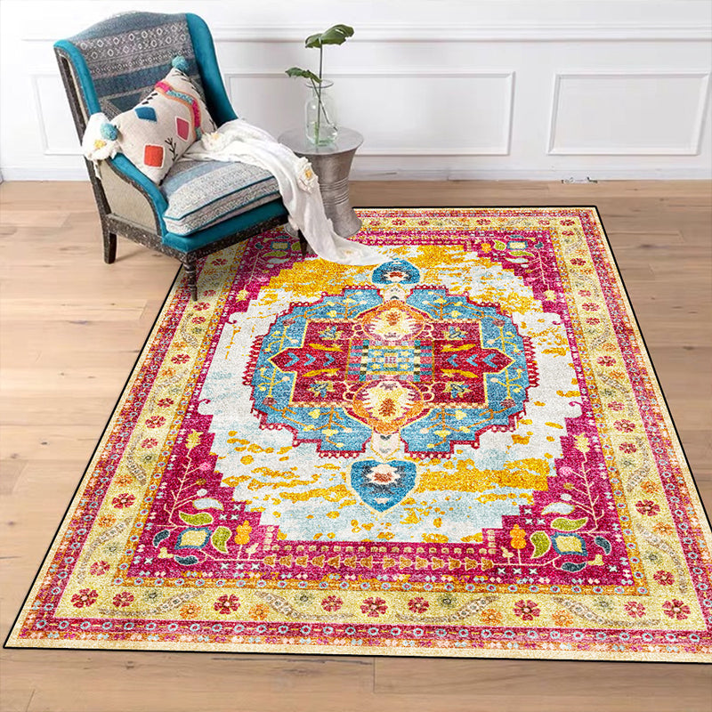 Lisslune | Moroccan Living Room Rug in Yellow and Pink Medallion Flower Leaf Geometric Print Rug Polyester Non-Slip Back Area Rug