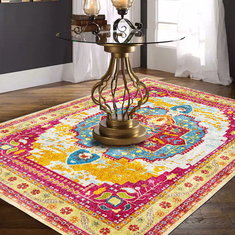 Lisslune | Moroccan Living Room Rug in Yellow and Pink Medallion Flower Leaf Geometric Print Rug Polyester Non-Slip Back Area Rug
