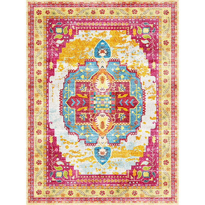 Lisslune | Moroccan Living Room Rug in Yellow and Pink Medallion Flower Leaf Geometric Print Rug Polyester Non-Slip Back Area Rug