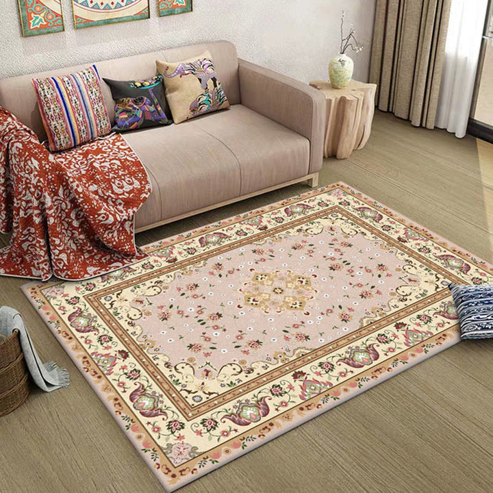 Lisslune | Persian Moroccan rug in yellow medallion floral leaf pattern rug polyester washable rug for home decor