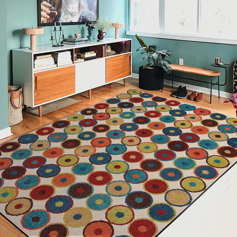 Lisslune | Nordic Novelty Rug in Red and Yellow Geometry Circle Dots Wave Pattern Rug Polyester Pet Friendly Rug for Home Decor