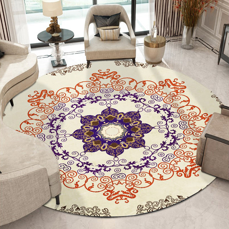 Lisslune | Orange Moroccan Carpet Polyester Medallion Print Carpet Washable Non-Slip Back Carpet for Living Room
