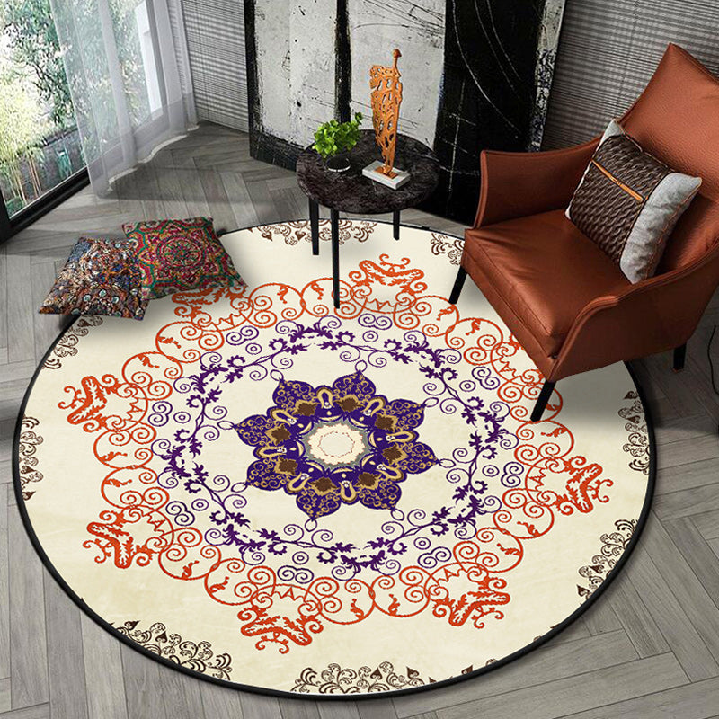 Lisslune | Orange Moroccan Carpet Polyester Medallion Print Carpet Washable Non-Slip Back Carpet for Living Room