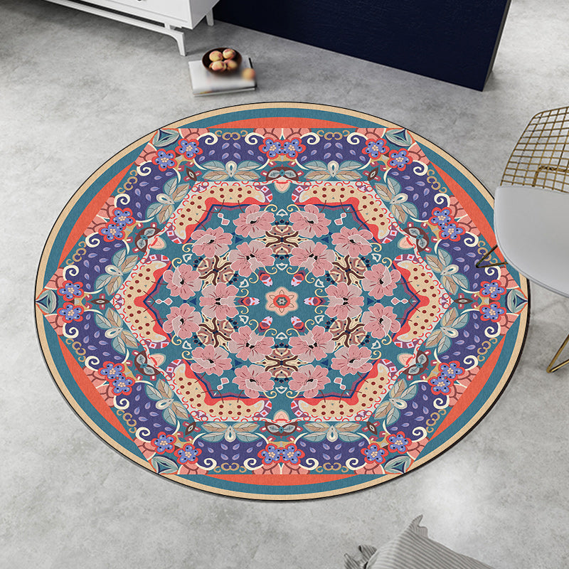Lisslune | Vintage medallion pattern rug with floral pink and purple tribal rug washable polyester non-slip back rug for the living room