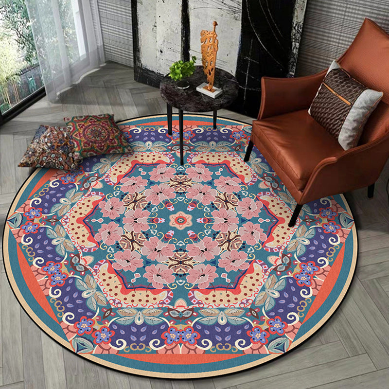 Lisslune | Vintage medallion pattern rug with floral pink and purple tribal rug washable polyester non-slip back rug for the living room