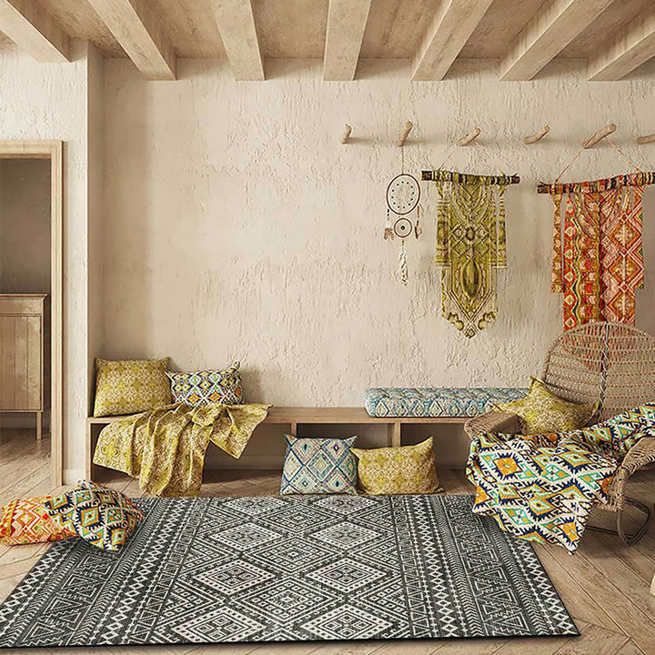 Lisslune | Americana Southwestern Rug in Gray Geometric Diamond Stripe Pattern Rug Polyester Non-Slip Rug for Home Decor