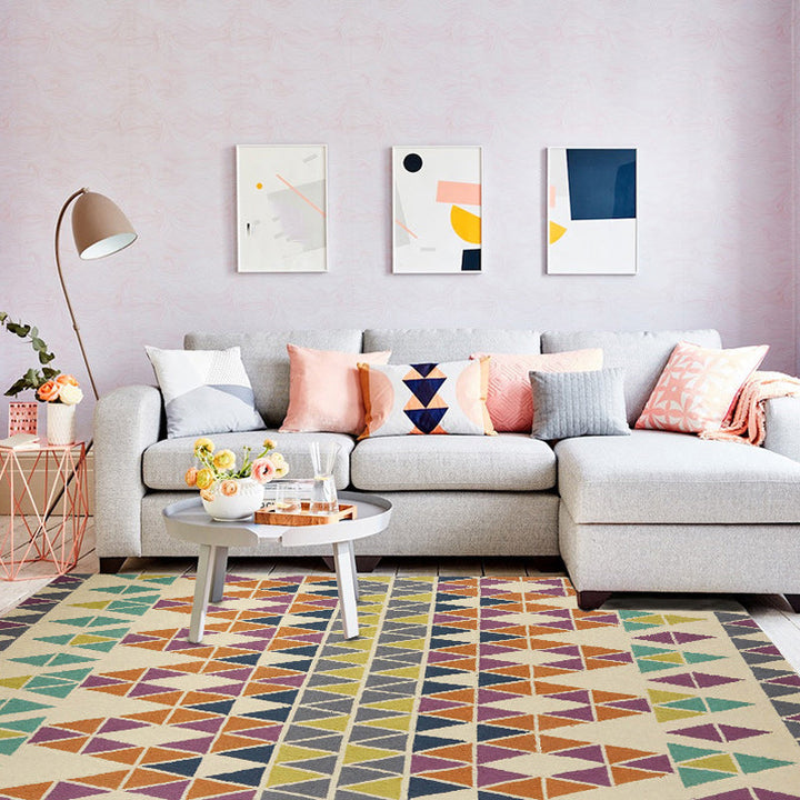 Lisslune | Southwest living room rug in ivory colored geometric triangle print rug machine washable polyester carpet