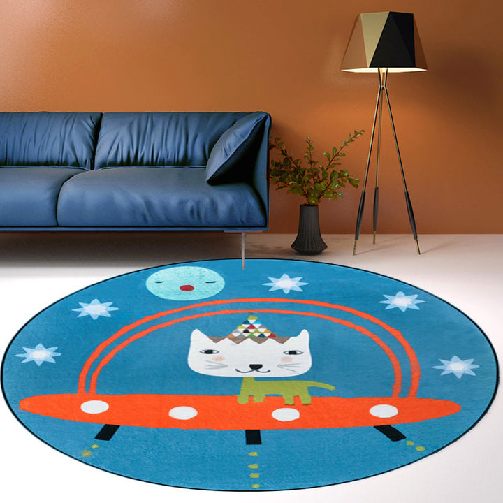 Lisslune | Beautiful children's rug in blue animal cat spaceship pattern rug polyester anti-slip mat rug for the children's room