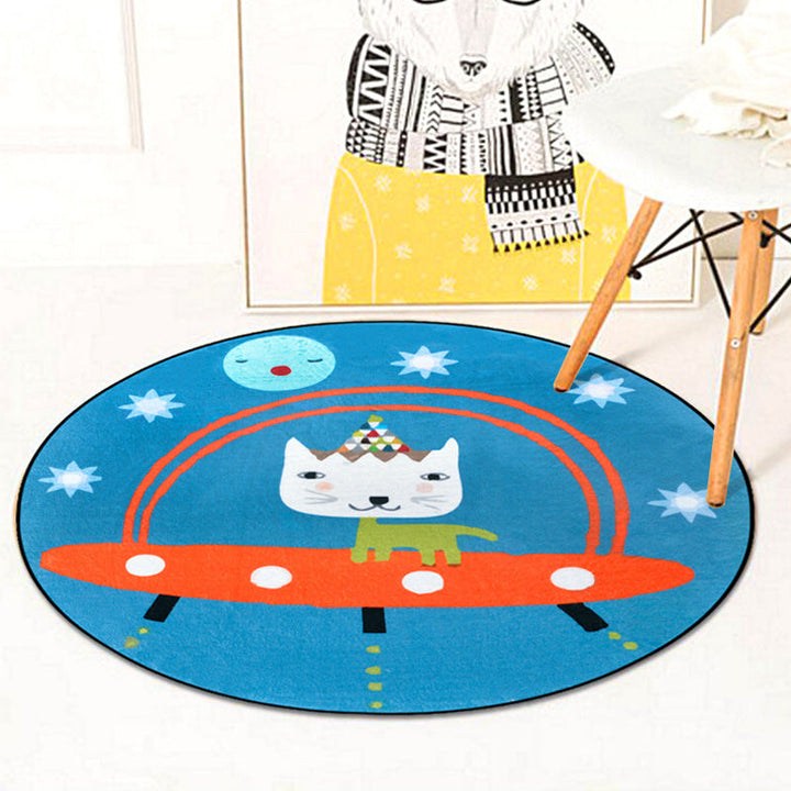 Lisslune | Beautiful children's rug in blue animal cat spaceship pattern rug polyester anti-slip mat rug for the children's room
