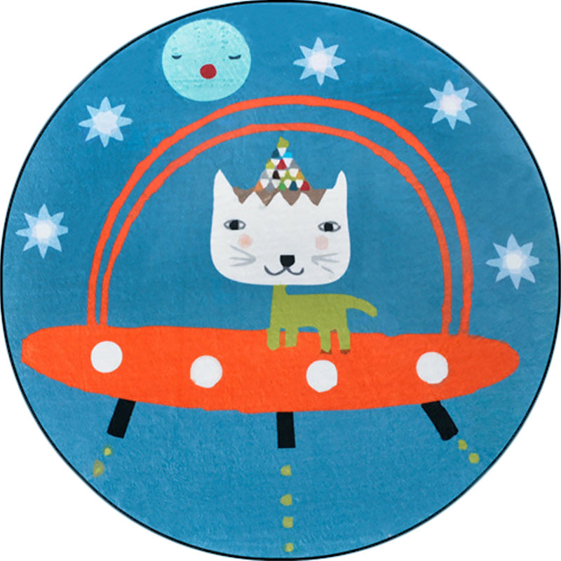Lisslune | Beautiful children's rug in blue animal cat spaceship pattern rug polyester anti-slip mat rug for the children's room