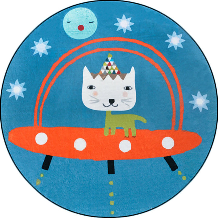 Lisslune | Beautiful children's rug in blue animal cat spaceship pattern rug polyester anti-slip mat rug for the children's room