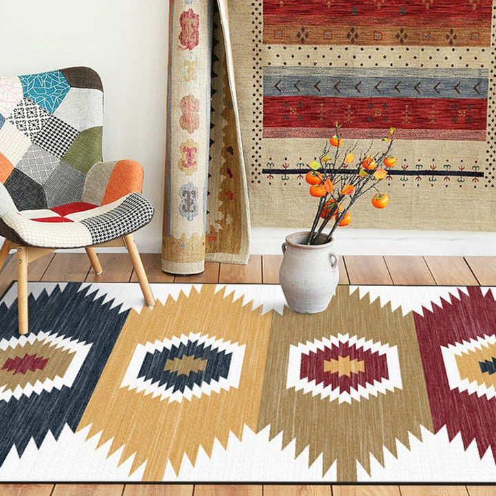 Lisslune | White and brown bedroom carpet with southwestern geometric pattern, area rug made of polyester with non-slip backing