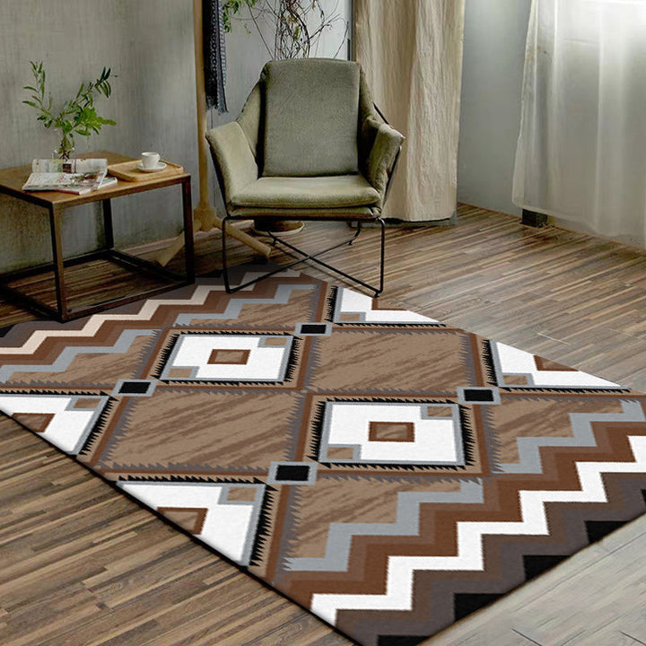 Lisslune | Brown Bedroom Carpet Southwestern Geometric Diamond Wave Pattern Area Rug Polyester Non-Slip Rug
