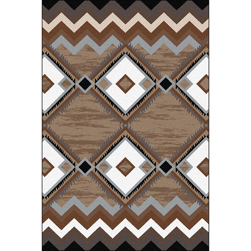 Lisslune | Brown Bedroom Carpet Southwestern Geometric Diamond Wave Pattern Area Rug Polyester Non-Slip Rug