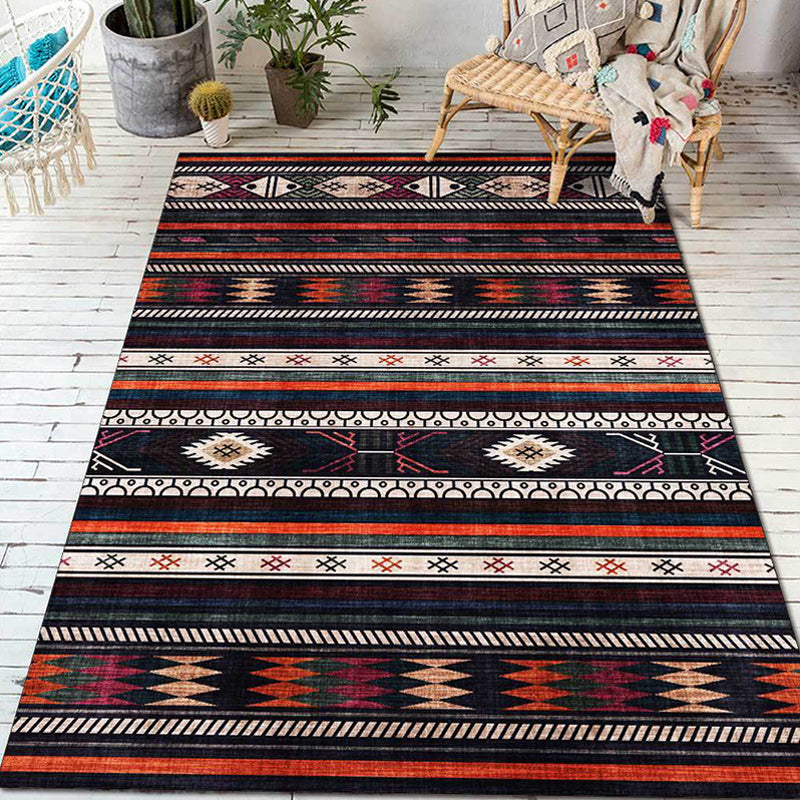 Lisslune | Tribal Southwest Rug in Black Geometric Stripe Pattern Rug Polyester Non-Slip Rug for Home Decor