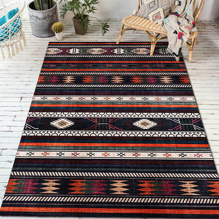 Lisslune | Tribal Southwest Rug in Black Geometric Stripe Pattern Rug Polyester Non-Slip Rug for Home Decor