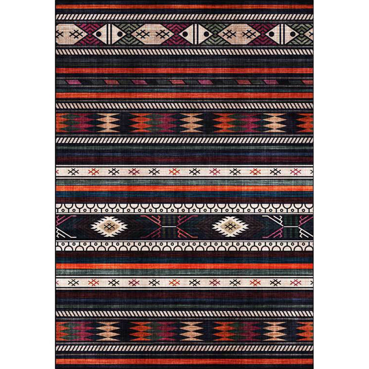 Lisslune | Tribal Southwest Rug in Black Geometric Stripe Pattern Rug Polyester Non-Slip Rug for Home Decor