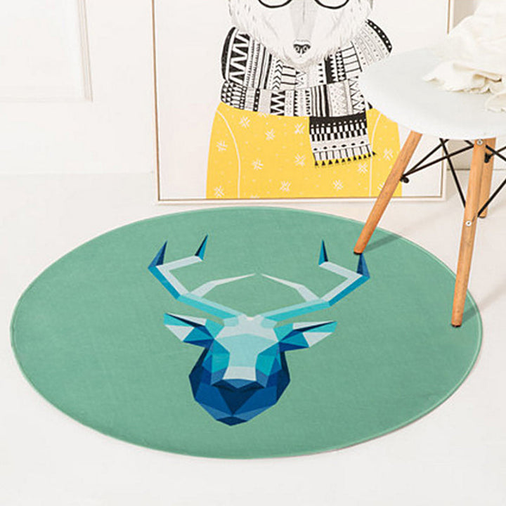 Lisslune | Green and Yellow Children's Room Carpet Children Animal Fawn Bear Wolf Cat Pattern Area Rug Polyester Non-Slip Back Carpet
