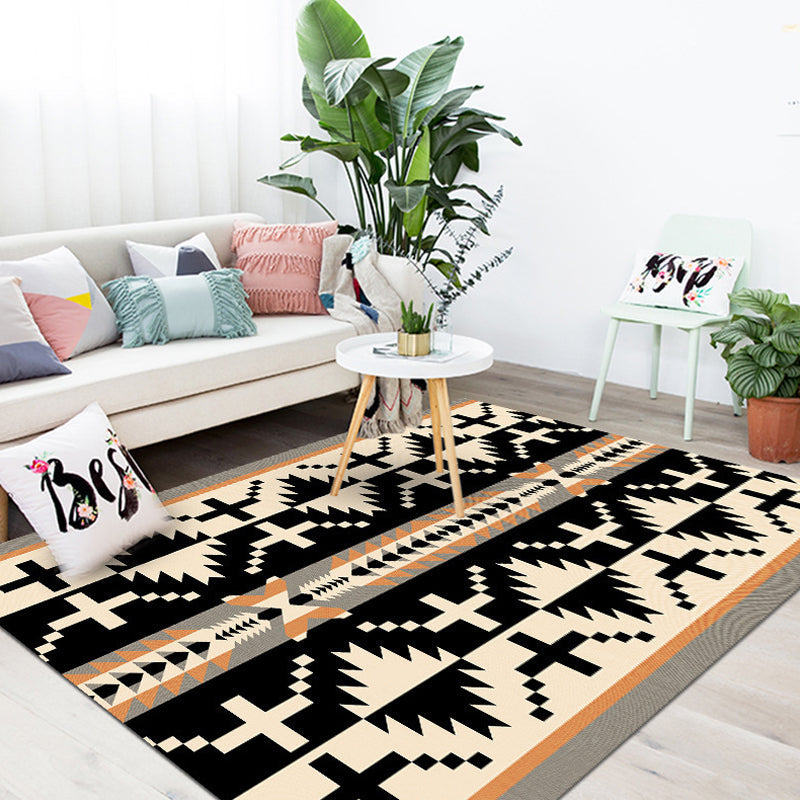 Lisslune | Americana Tribal Geometric Pattern Rug Black and Grey Polyester Rug Machine Washable Non-Slip Area Rug for Bedroom