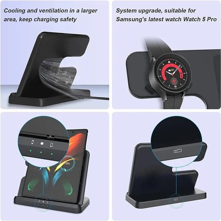 Lisslune | 3-in-1 Wireless Charger Stand for Samsung S22, S21, S20, S10 Ultra; Note series; Galaxy Watch 5, 4; Active Buds 15W