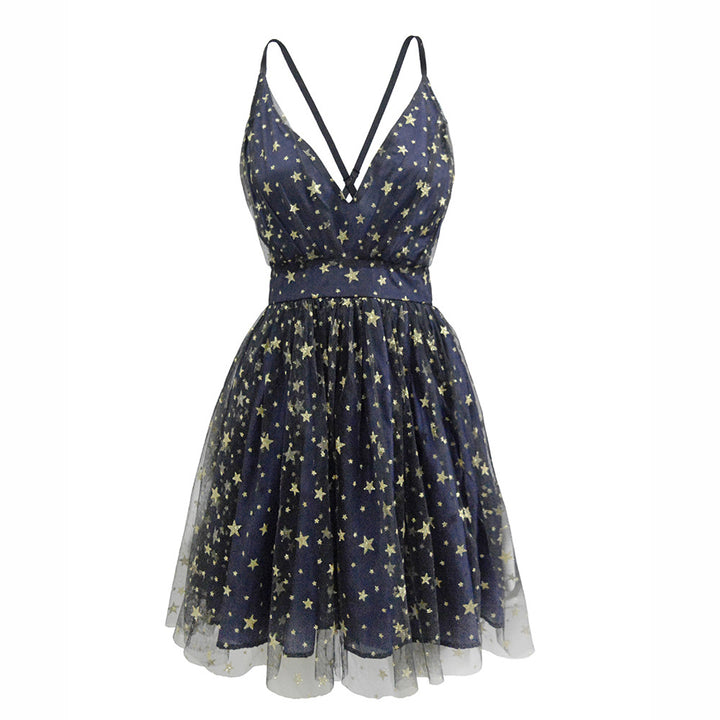 Women's summer dress with deep V-neck and delicate star pattern
