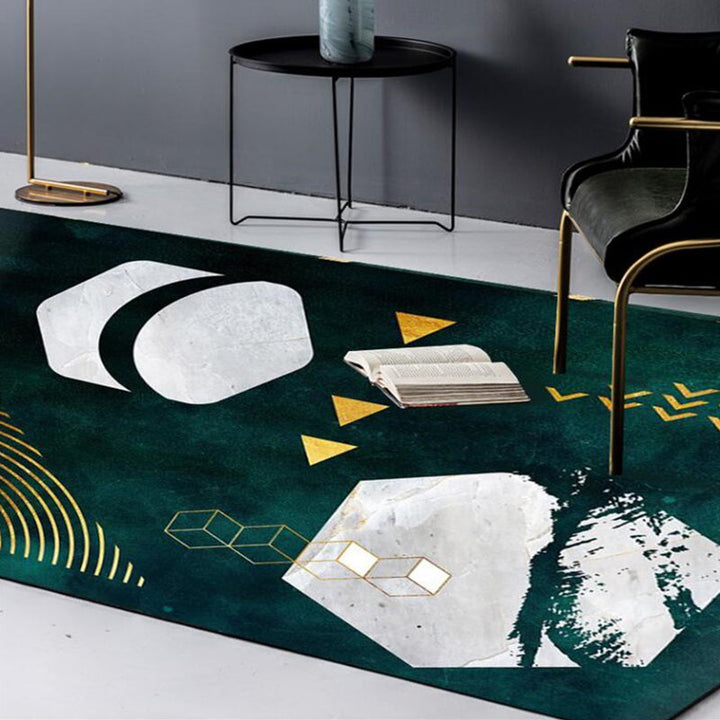 Lisslune | Novelty Geometric Print Area Rug Dark Green Polyester Rug Machine Washable Non-Slip Area Rug for Bedroom