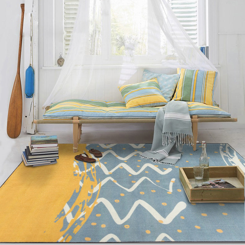 Lisslune | Minimalistic Novelty Area Rug in Blue and Yellow Geometric Dots Wave Pattern Area Rug Polyester Non-Slip Carpet for Home Decoration