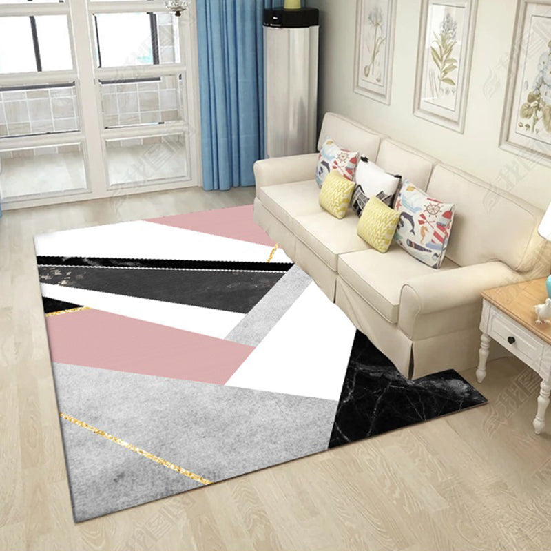 Lisslune | Pink and Black Bedroom Carpet Modern Color Block Geometric Marble Pattern Area Rug Polyester Non-Slip Rug