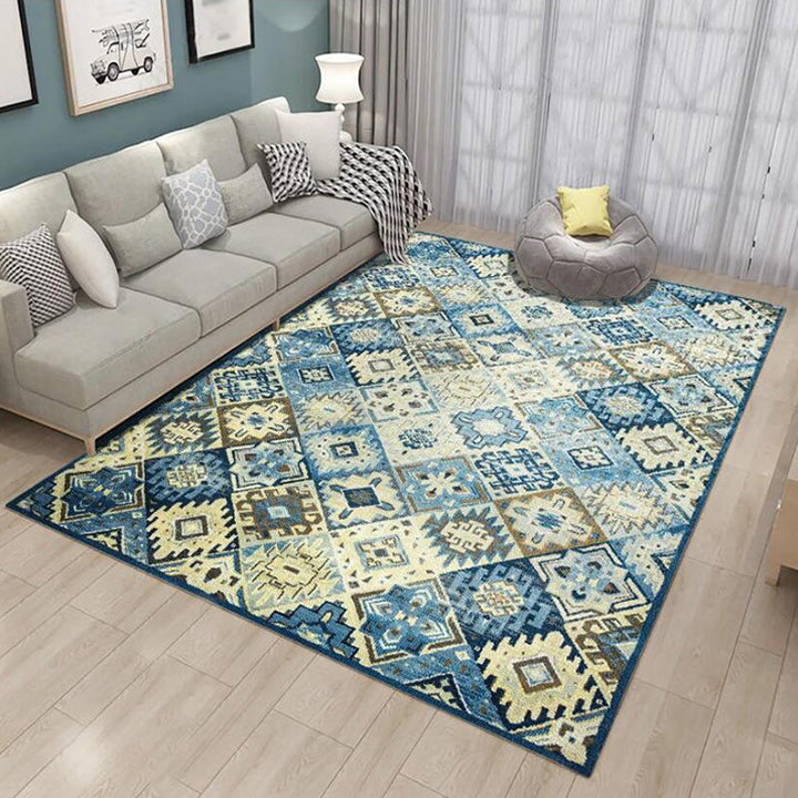 Lisslune | Moroccan Living Room Rug in Blue Diamond Print Rug Polyester Stain Resistant Non-Slip Area Rug