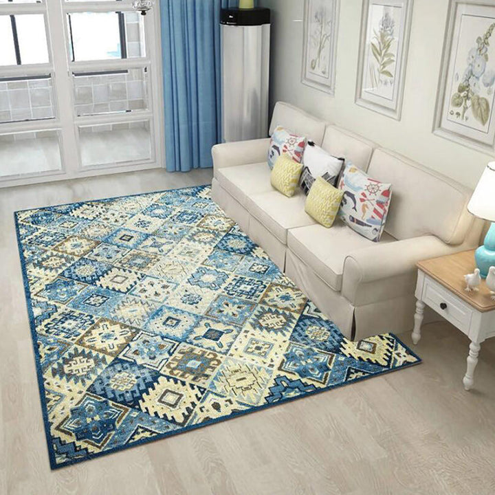 Lisslune | Moroccan Living Room Rug in Blue Diamond Print Rug Polyester Stain Resistant Non-Slip Area Rug