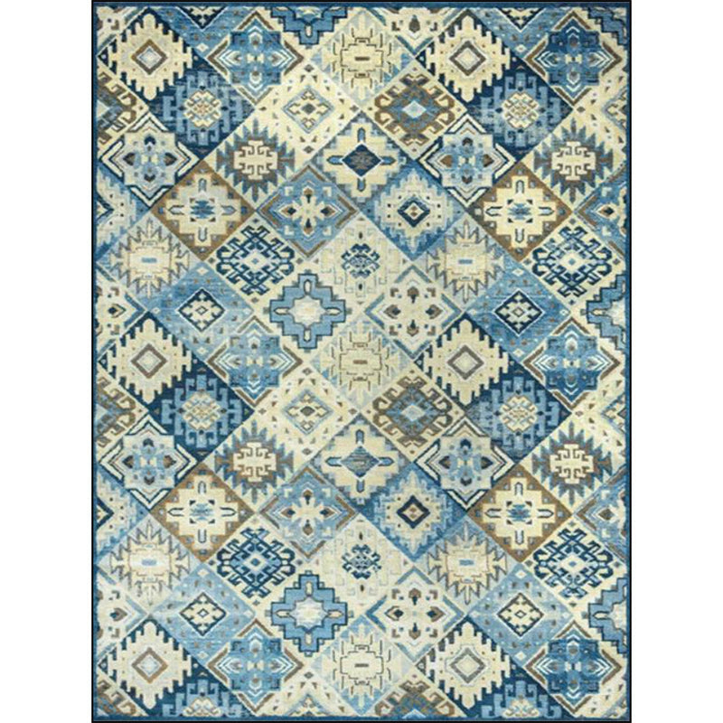 Lisslune | Moroccan Living Room Rug in Blue Diamond Print Rug Polyester Stain Resistant Non-Slip Area Rug
