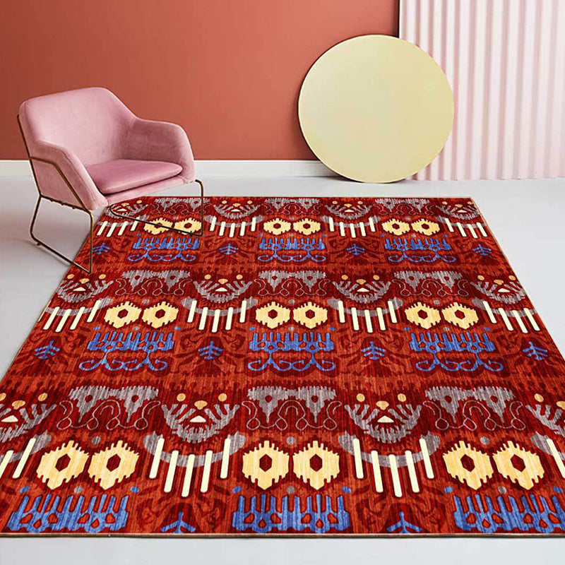 Lisslune | Southwest Living Room Rug in Red Tribal Print Rug Polyester Non-Slip Back Area Rug
