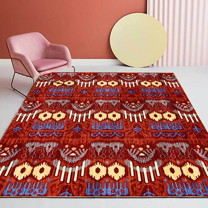Lisslune | Southwest Living Room Rug in Red Tribal Print Rug Polyester Non-Slip Back Area Rug