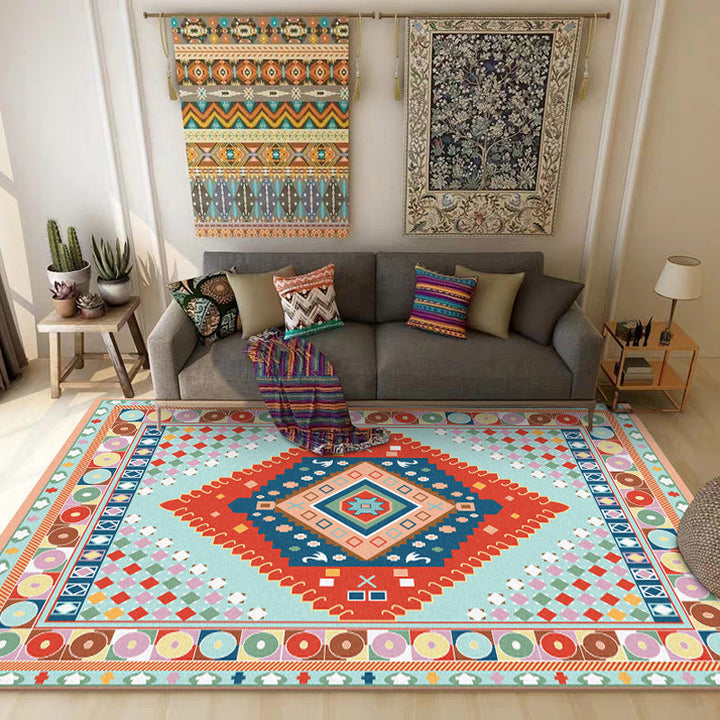 Lisslune | Blue and Orange Bedroom Rug Moroccan Medallion Circle Diamond Pattern Rug Polyester Non-Slip Washable Rug
