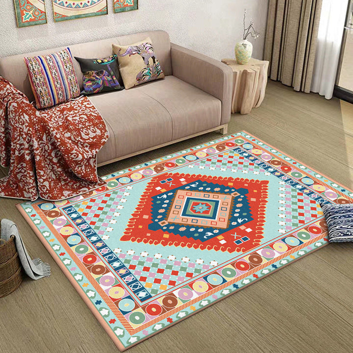 Lisslune | Blue and Orange Bedroom Rug Moroccan Medallion Circle Diamond Pattern Rug Polyester Non-Slip Washable Rug
